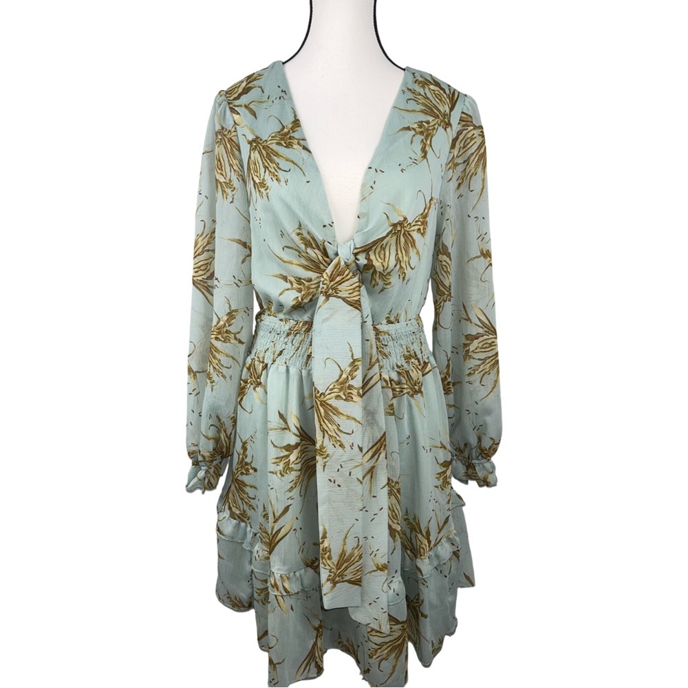 DOKOTOO Floral Print V-Neck Mini Dress with waist cutout | M